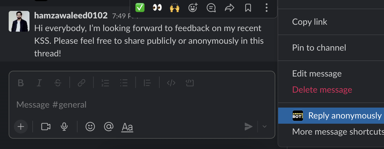 Additional screenshot for How to reply or react anonymously in Slack?